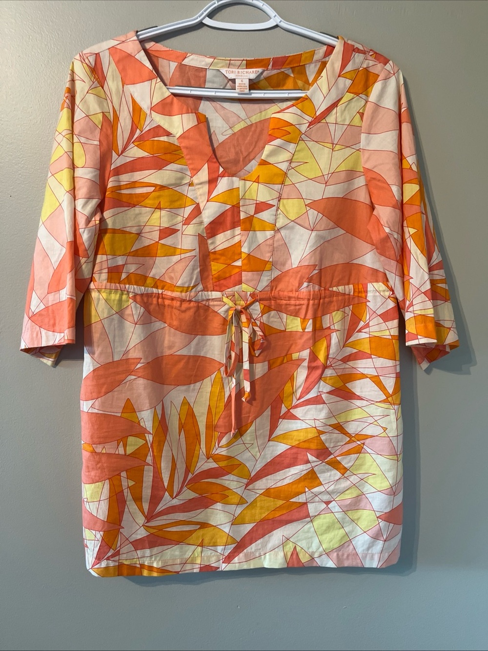 Women’s Tori Richard Honolulu Orange Peach 3/4 Sleeve Blouse Size 6